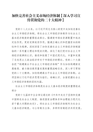 加快完善社会主义市场经济体制【深入学习宣传贯彻党的二十大精神】
