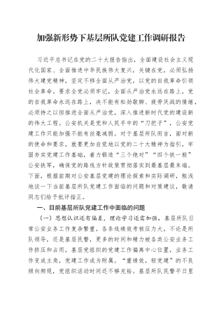 加强新形势下基层所队党建工作调研报告