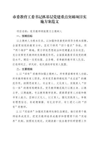 教育局党工委书记抓基层党建工作重点突破项目实施方案