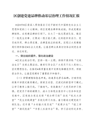 区创建党建品牌推动基层治理工作情况汇报