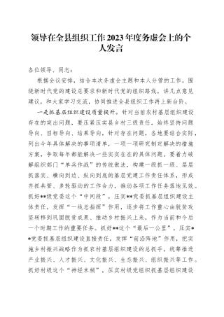 领导在全县组织工作2023年度务虚会上的个人发言