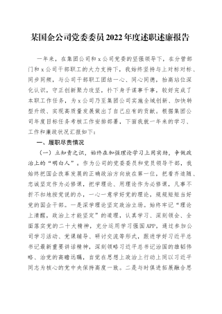 某国企公司党委委员2022年度述职述廉报告