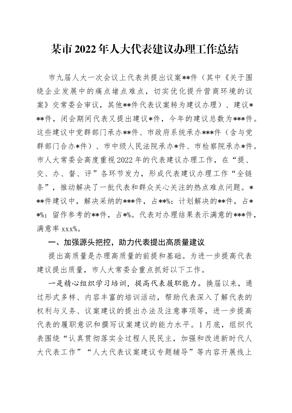某市2022年人大代表建议办理工作总结_第1页