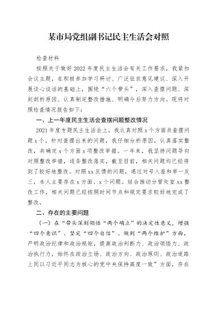 某市局党组副书记民主生活会对照检查材料