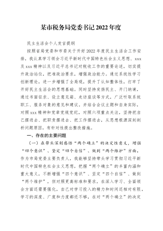 某市税务局党委书记2022年度民主生活会个人发言提纲