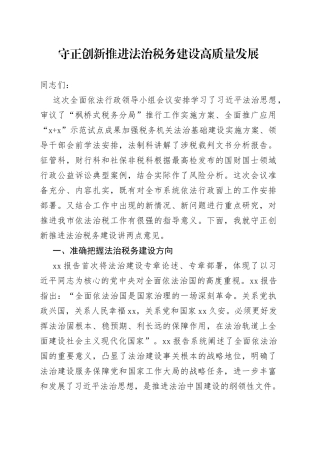 某市税务局党委书记在2023年全面依法行政领导小组会议上的讲话