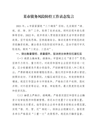 某市债务风险防控工作表态发言（1）