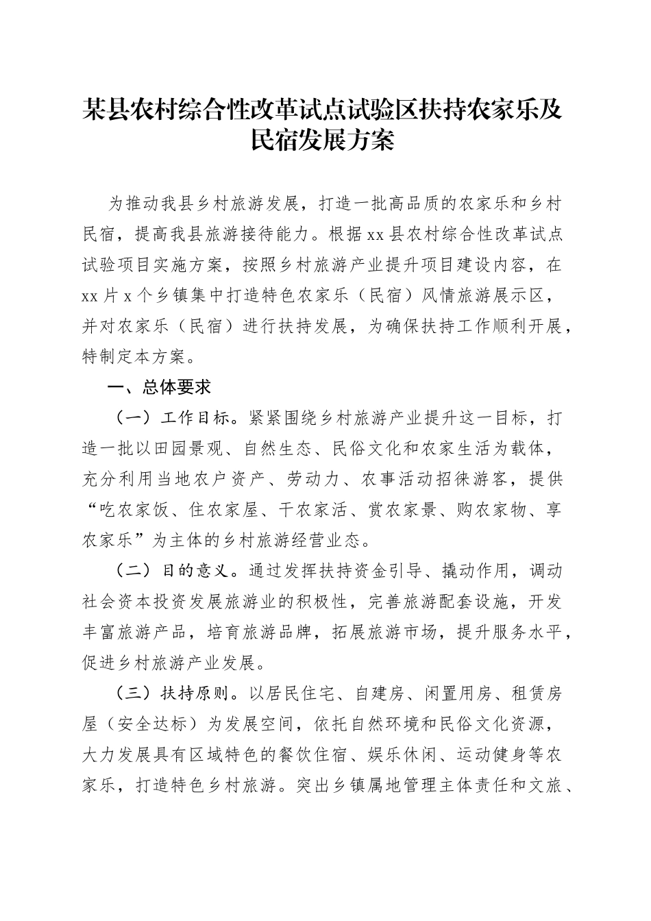 某县农村综合性改革试点试验区扶持农家乐及民宿发展方案_第1页