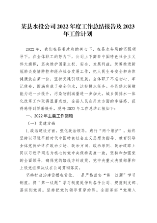 某县水投公司2022年度工作总结报告及2023年工作计划