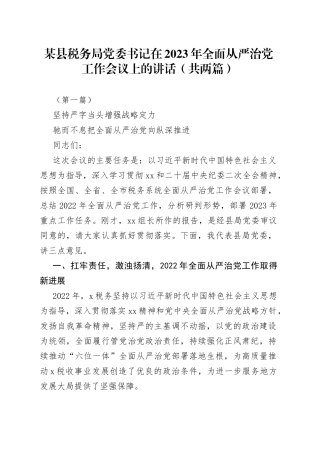 某县税务局党委书记在2023年全面从严治党工作会议上的讲话（共两篇）