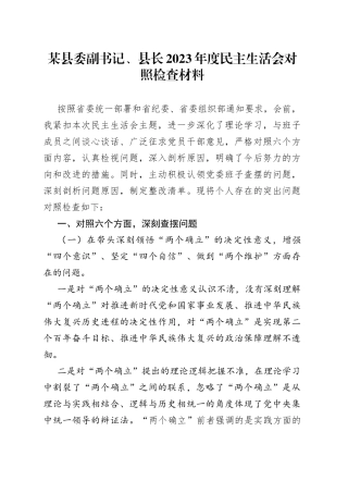 某县委副书记、县长2023年度民主生活会对照检查材料