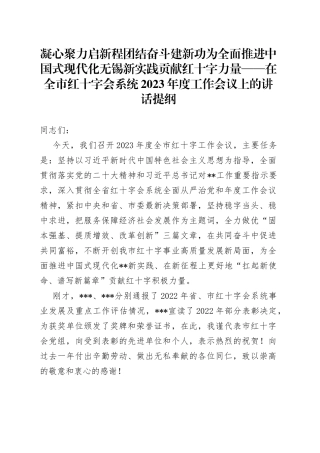 凝心聚力启新程 团结奋斗建新功 为全面推进中国式现代化无锡新实践贡献红十字力量——在全市红十字会系统2023年度工作会议上的讲话提纲