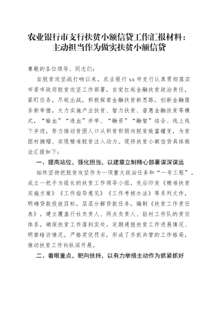 农业银行市支行扶贫小额信贷工作汇报材料：主动担当作为+做实扶贫小额信贷