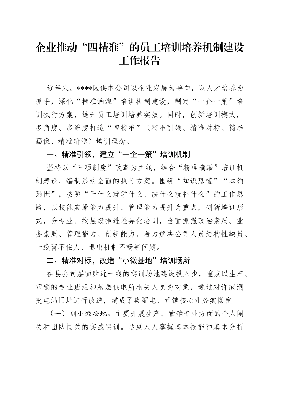 企业推动“四精准”的员工培训培养机制建设工作报告_第1页