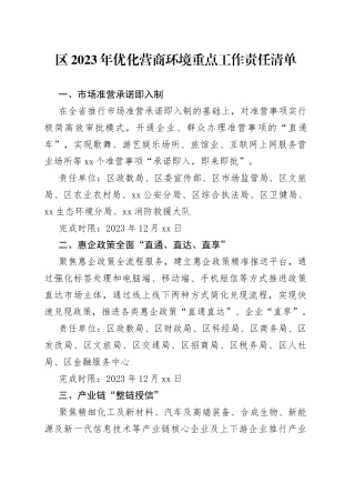 区2023年优化营商环境重点工作责任清单