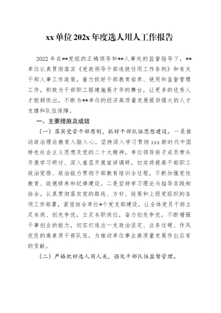 单位202X年度选人用人工作报告