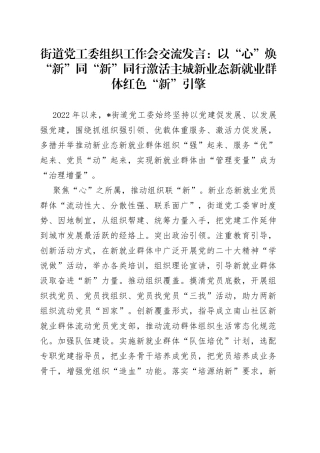 街道党工委组织工作会交流发言：以“心”焕“新”同“新”同行激活主城新业态新就业群体红色“新”引擎