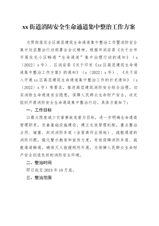 街道消防安全生命通道集中整治工作方案