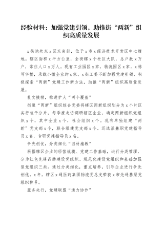 经验材料：加强党建引领，助推街“两新”组织高质量发展