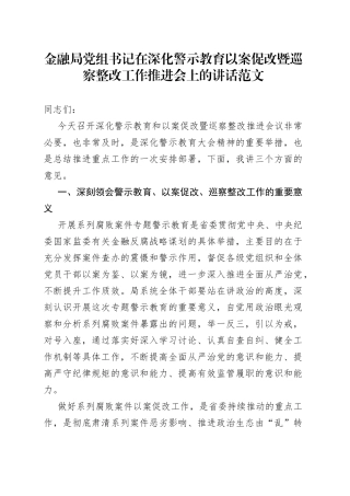 警示教育以案促改巡察整改工作推进会议讲话金融局
