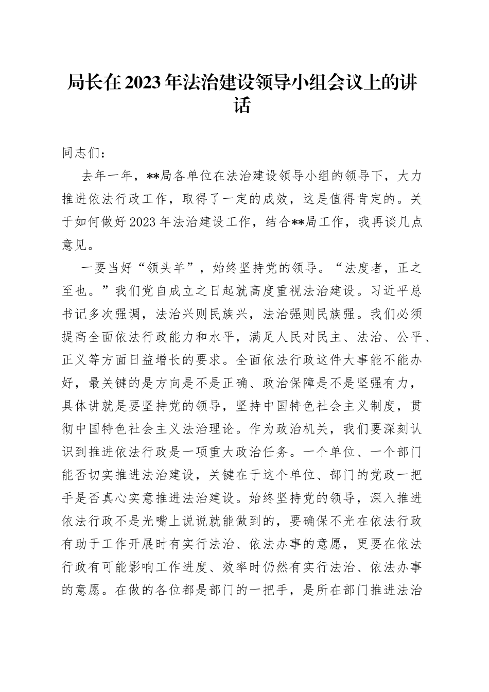 局长在2023年法治建设领导小组会议上的讲话_第1页