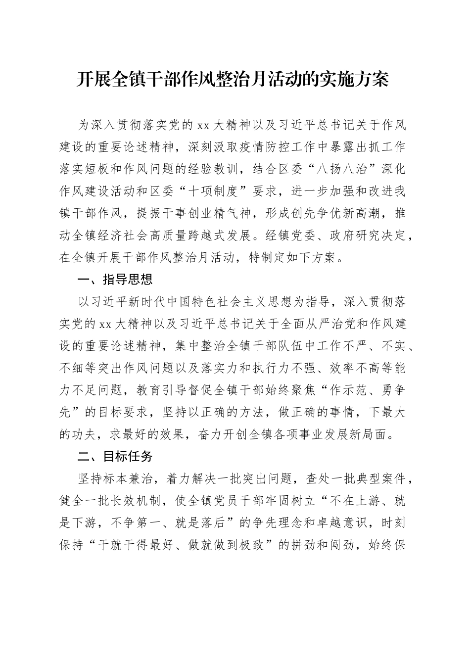 开展全镇干部作风整治月活动的实施方案_第1页