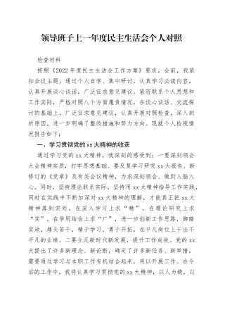 领导班子上一年度民主生活会个人对照检查材料