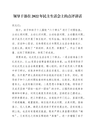 领导干部在2022年民主生活会上的点评讲话