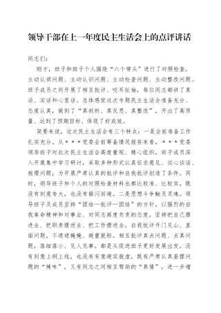 领导干部在上一年度民主生活会上的点评讲话
