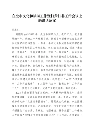 全市文化旅游暨扫黄打非工作会议讲话