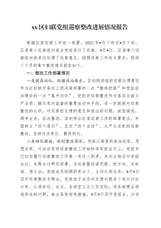 区妇联党组巡察整改进展情况报告