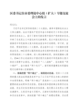 区委书记在市委理论中心组（扩大）专题交流会上的发言(1)