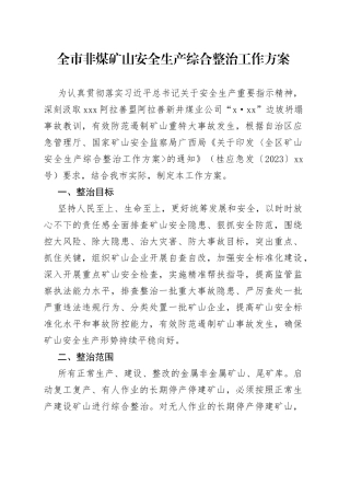 全市非煤矿山安全生产综合整治工作方案（20230329）