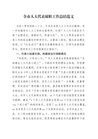 全市人大代表履职工作总结（汇报报告）