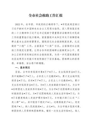 全市社会救助工作汇报