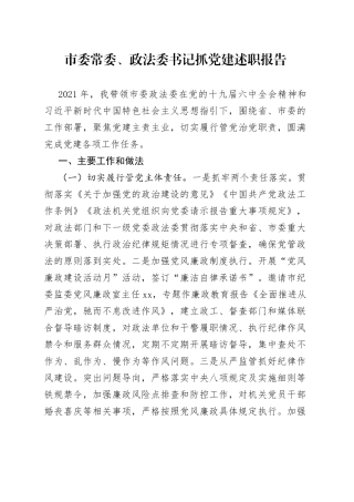 市委常委、政法委书记抓党建述职报告