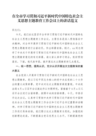 全市学习贯彻新时代特色思想主题教育工作会议讲话