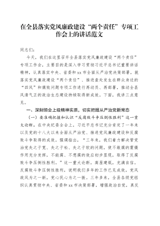 全县党风廉政两个责任工作会议讲话