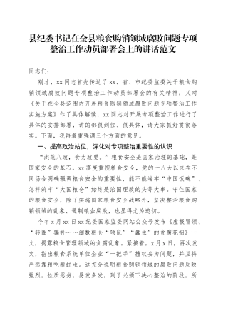 全县粮食购销领域腐败问题专项整治工作动员部署会议讲话