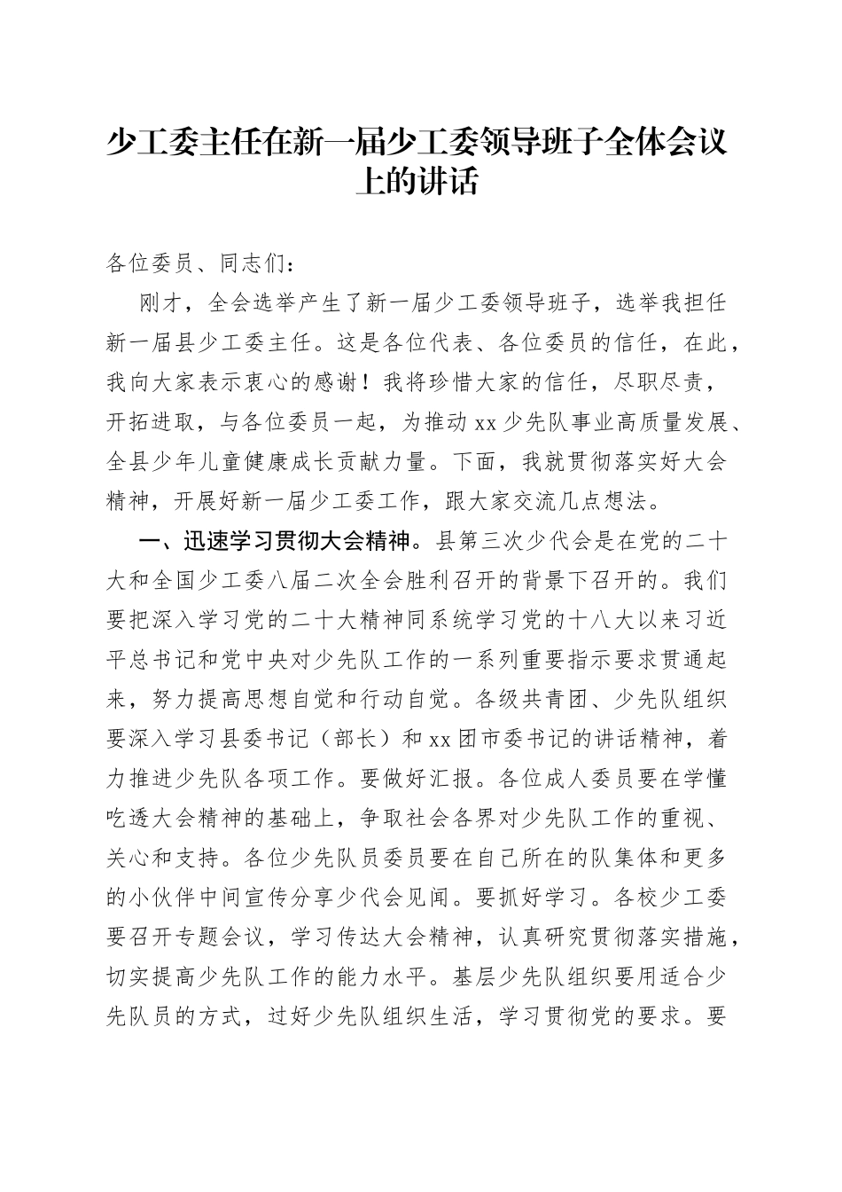 少工委主任在新一届少工委领导班子全体会议上的讲话_第1页
