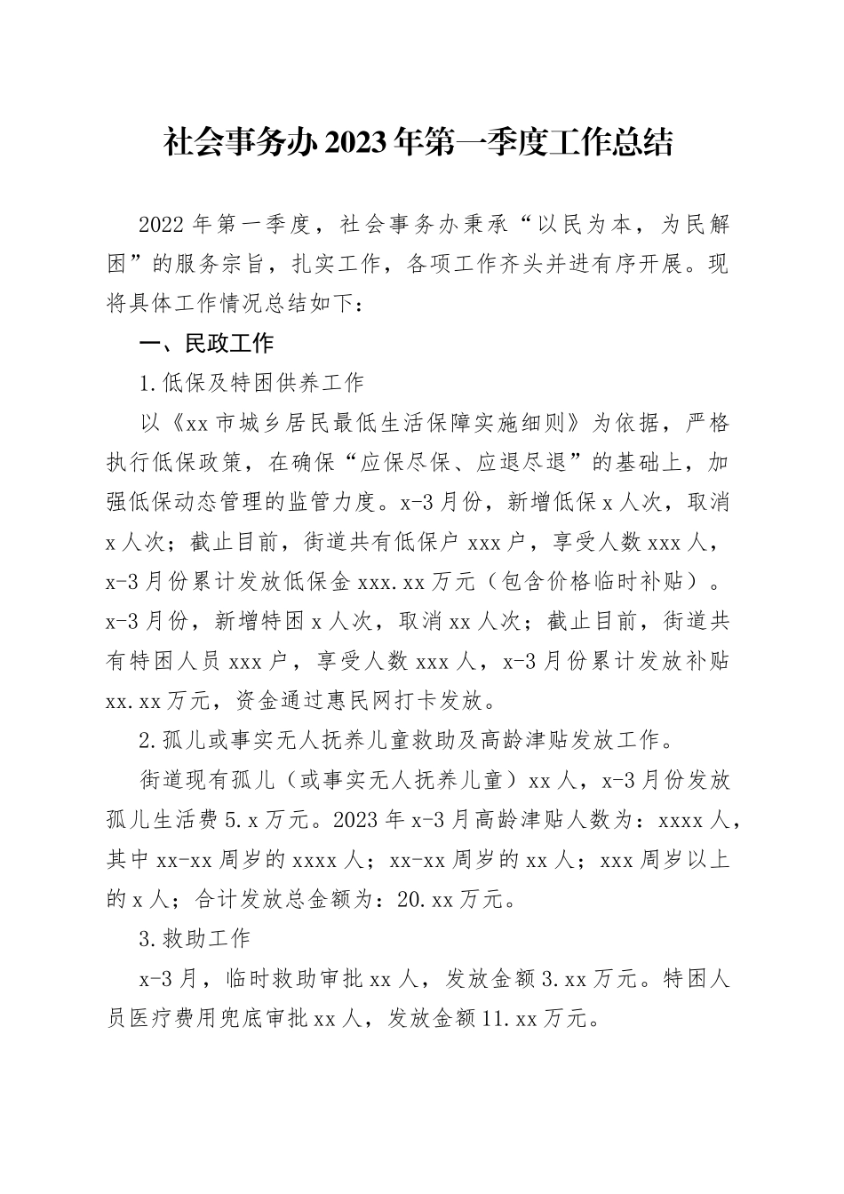 社会事务办2023年第一季度工作总结（20230423）_第1页