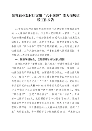 省农业农村厅突出“六个聚焦”能力作风建设工作报告