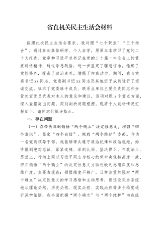 省直机关民主生活会材料
