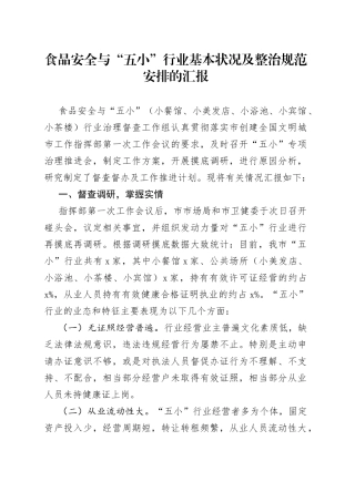 食品安全与“五小”行业基本状况及整治规范安排的汇报
