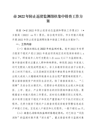 市2022年防止返贫监测帮扶集中排查工作方案