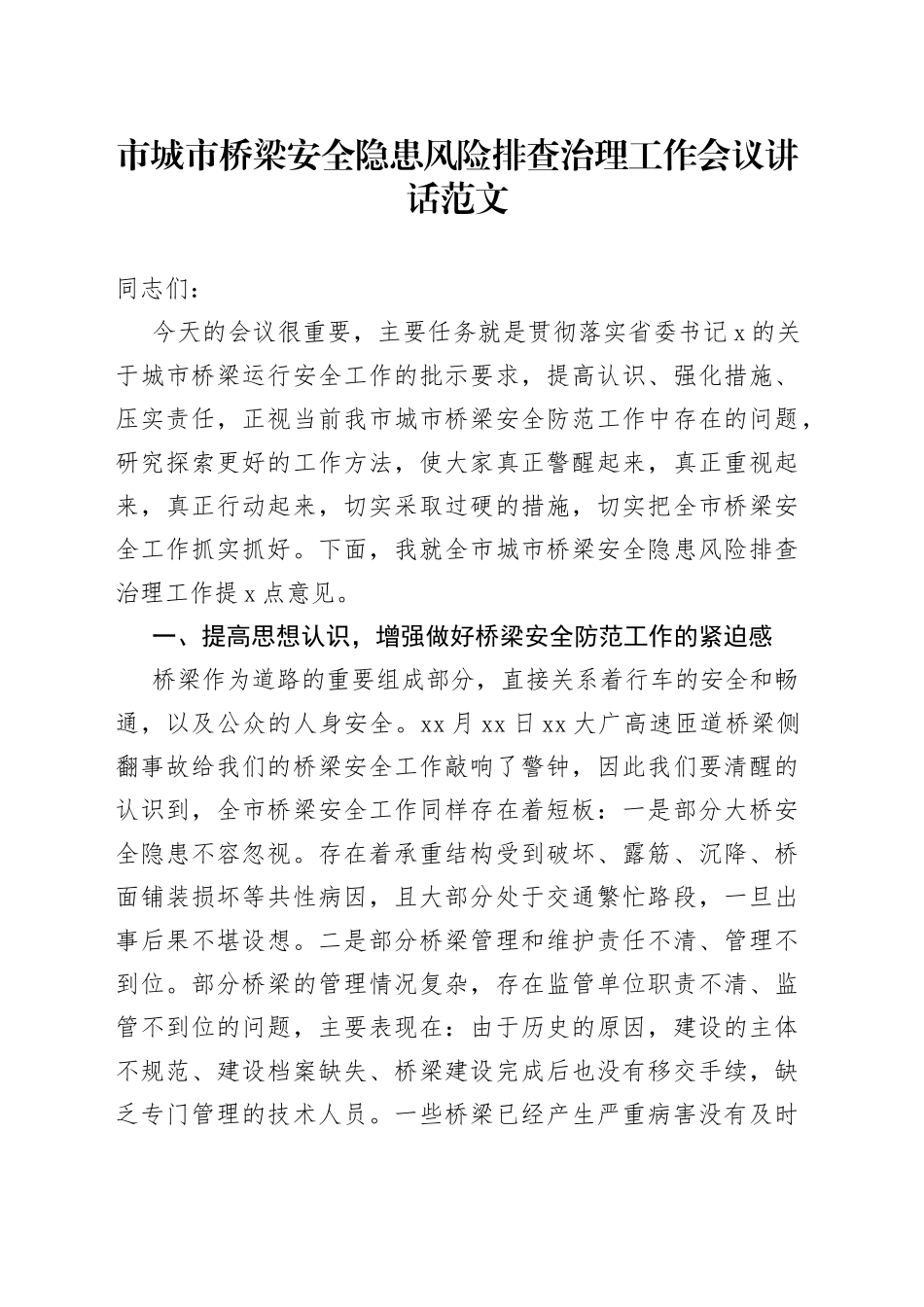 市城市桥梁安全隐患风险排查治理工作会议讲话_第1页