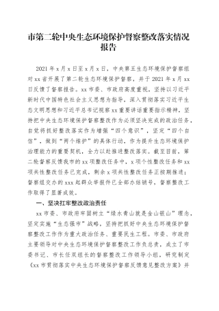 市第二轮中央生态环境保护督察整改落实情况报告