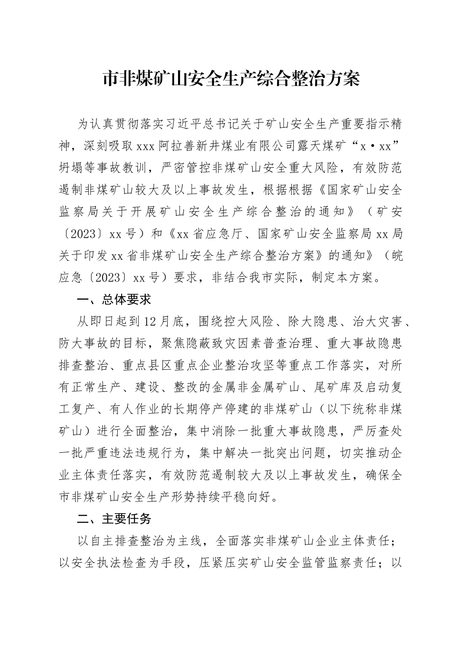 市非煤矿山安全生产综合整治方案（20230315）_第1页