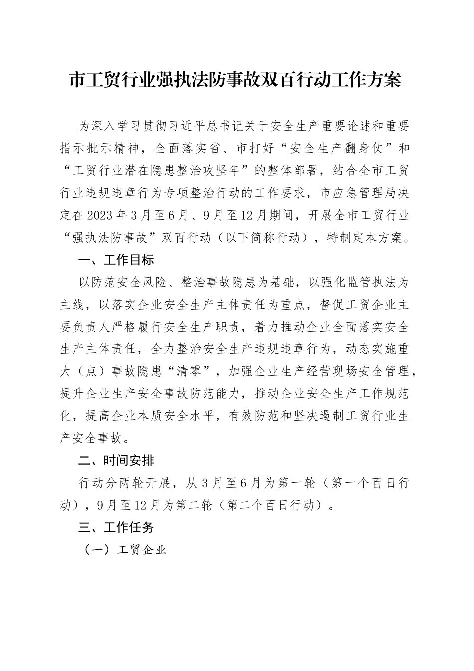 市工贸行业强执法防事故双百行动工作方案_第1页