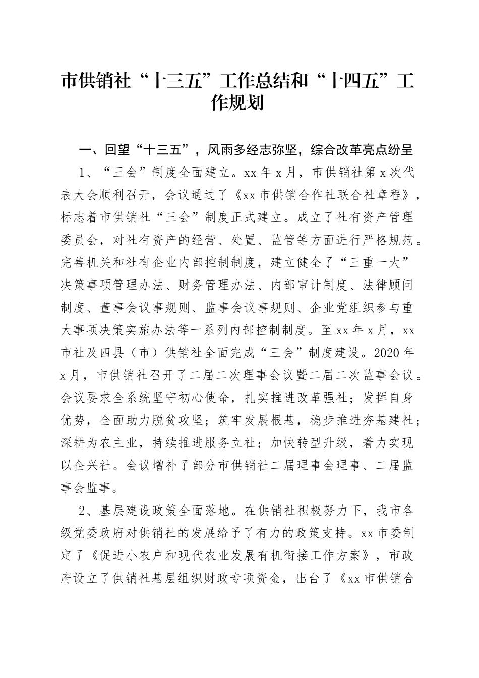 市供销社“十三五”工作总结和“十四五”工作规划_第1页
